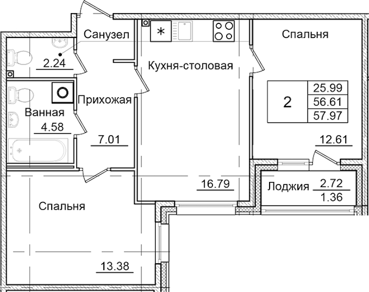 2-комнатная квартира 57.97 м², 1/9 эт., ЖК «Квартал Заречье»